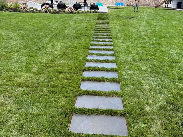 Long row of bluestone stepping stones across a lawn