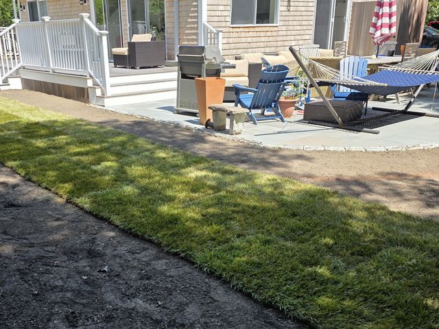 Fresh sod laid next to a patio and deck