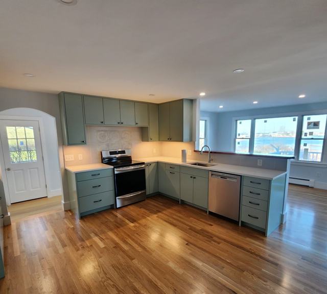 Kitchen with custom green cabinets